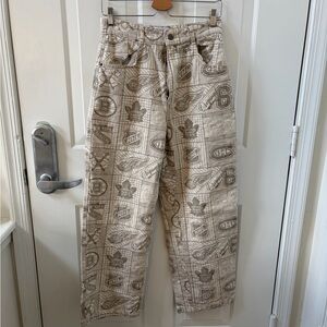 Bershka Men's Beige NHL Graphic Cargo Pants
